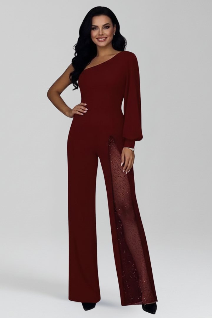 One Shoulder Wide Leg Jumpsuit with Sheer Side Insert