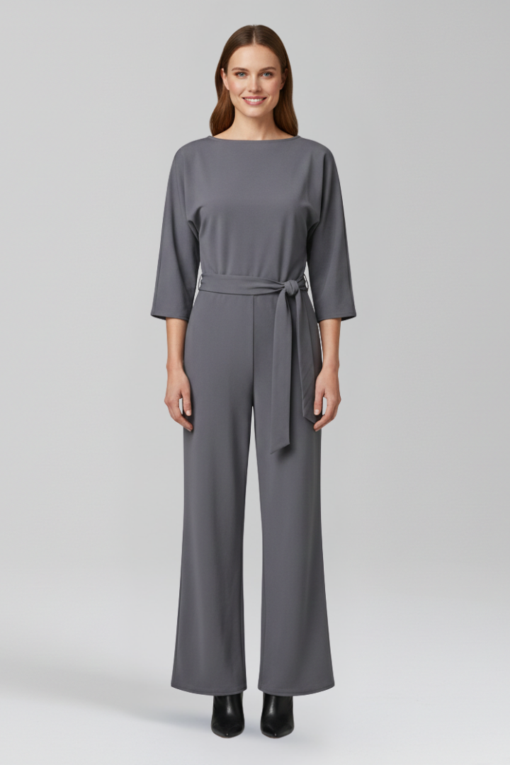 Round Neck Jumpsuit with Loose Sleeves and Tied Waist Belt