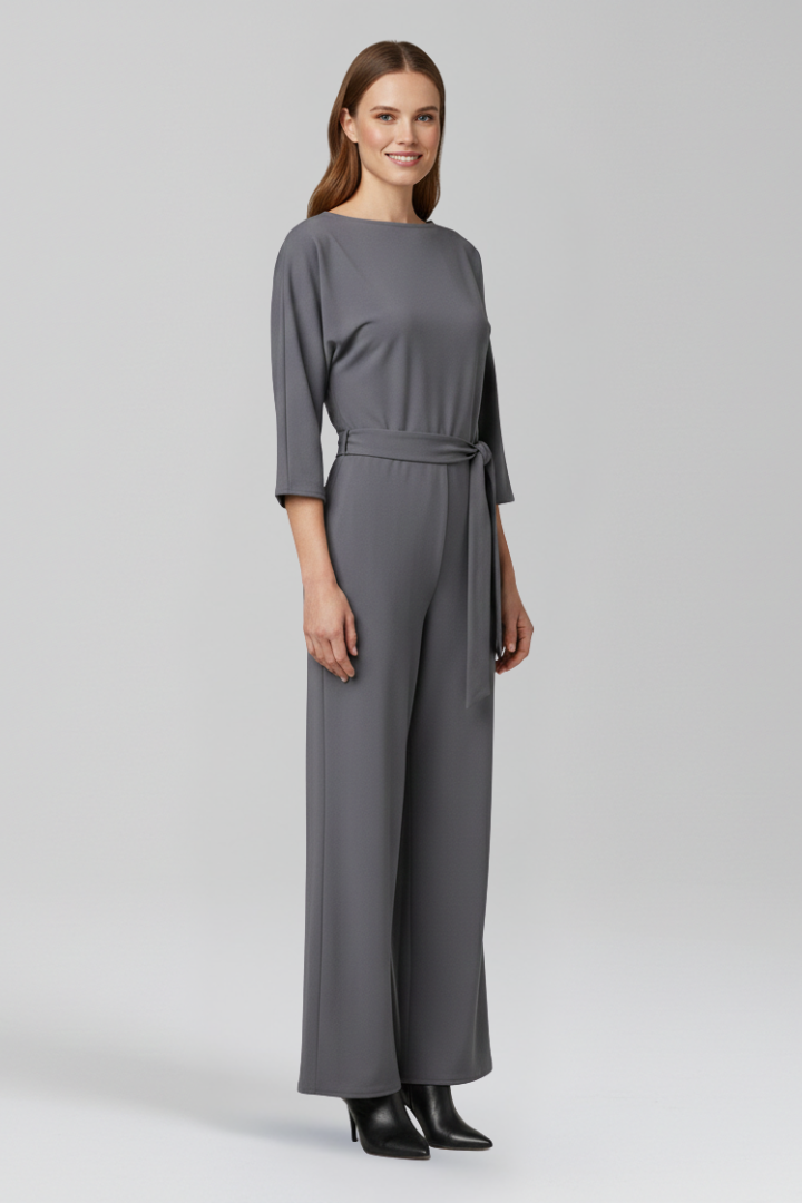 Round Neck Jumpsuit with Loose Sleeves and Tied Waist Belt