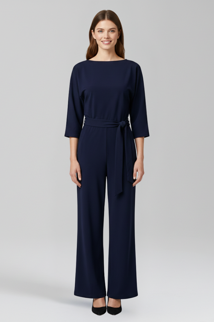 Round Neck Jumpsuit with Loose Sleeves and Tied Waist Belt