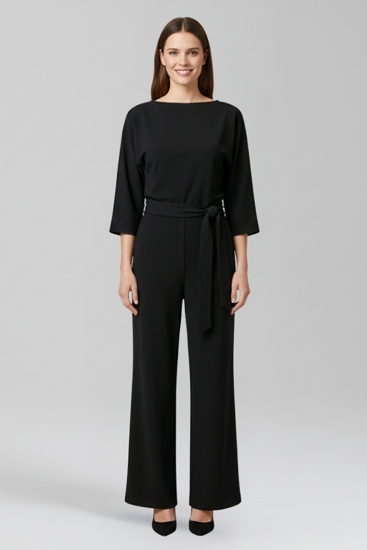 Round Neck Jumpsuit with Loose Sleeves and Tied Waist Belt