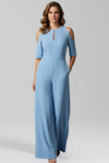 Women’s Short Sleeve Jumpsuit with Round Neck and Wide Legs