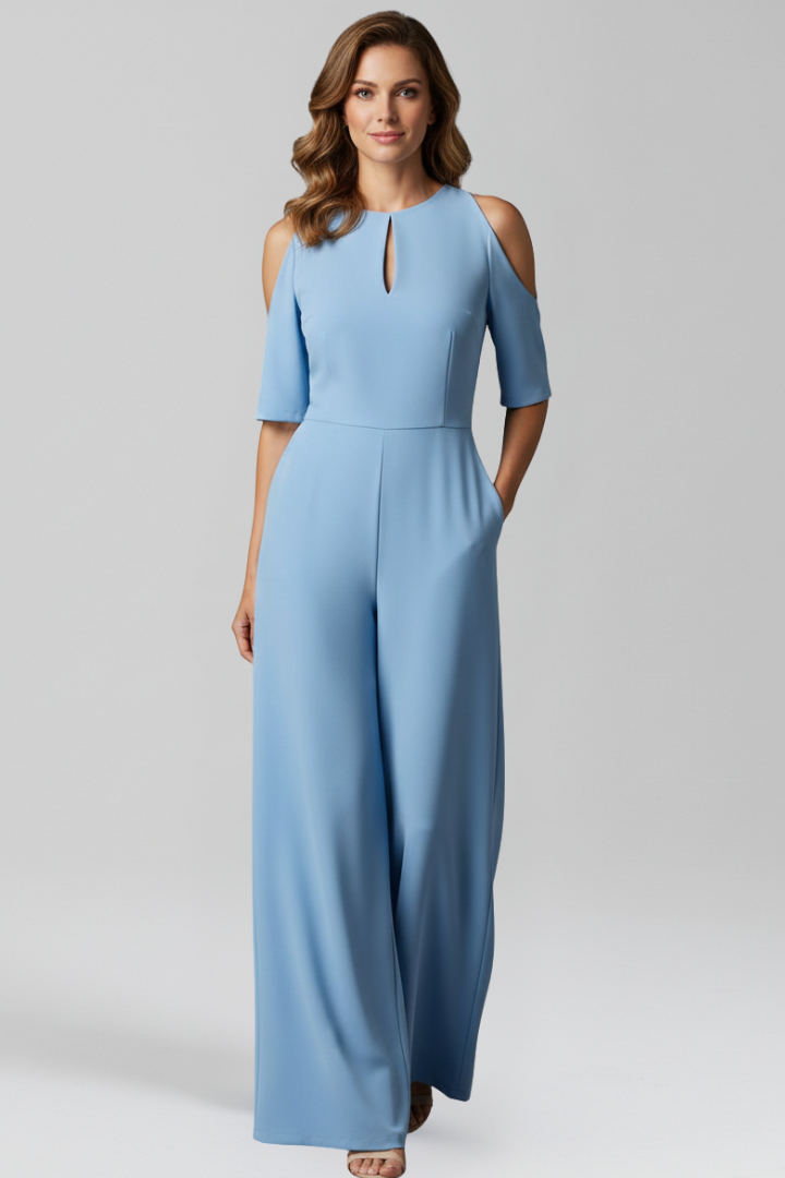 Women’s Short Sleeve Jumpsuit with Round Neck and Wide Legs