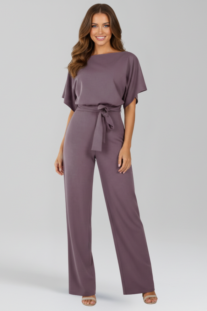 Women’s Short Sleeve Jumpsuit with Waist Tie and Wide Legs