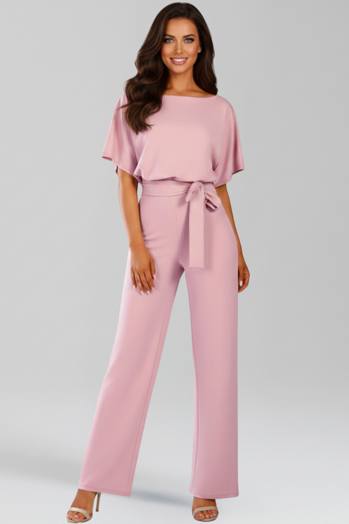 Women’s Short Sleeve Jumpsuit with Waist Tie and Wide Legs