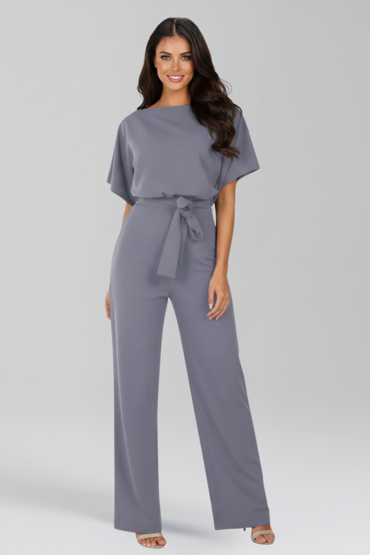 Women’s Short Sleeve Jumpsuit with Waist Tie and Wide Legs