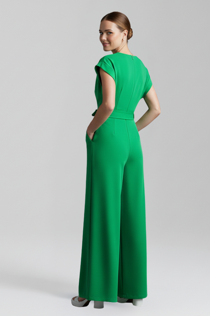 Wide Leg Jumpsuit with V Neckline and Side Pockets