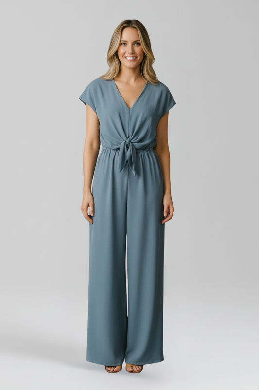 V Neck Wide Leg Jumpsuit with Tied Waist Knot