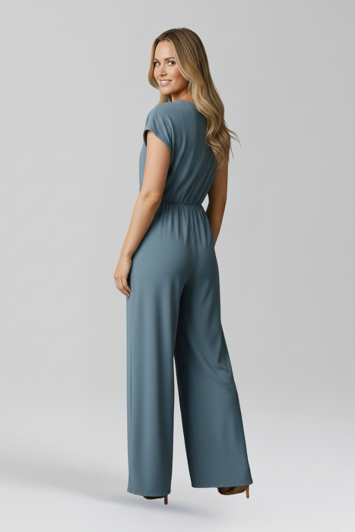 V Neck Wide Leg Jumpsuit with Tied Waist Knot