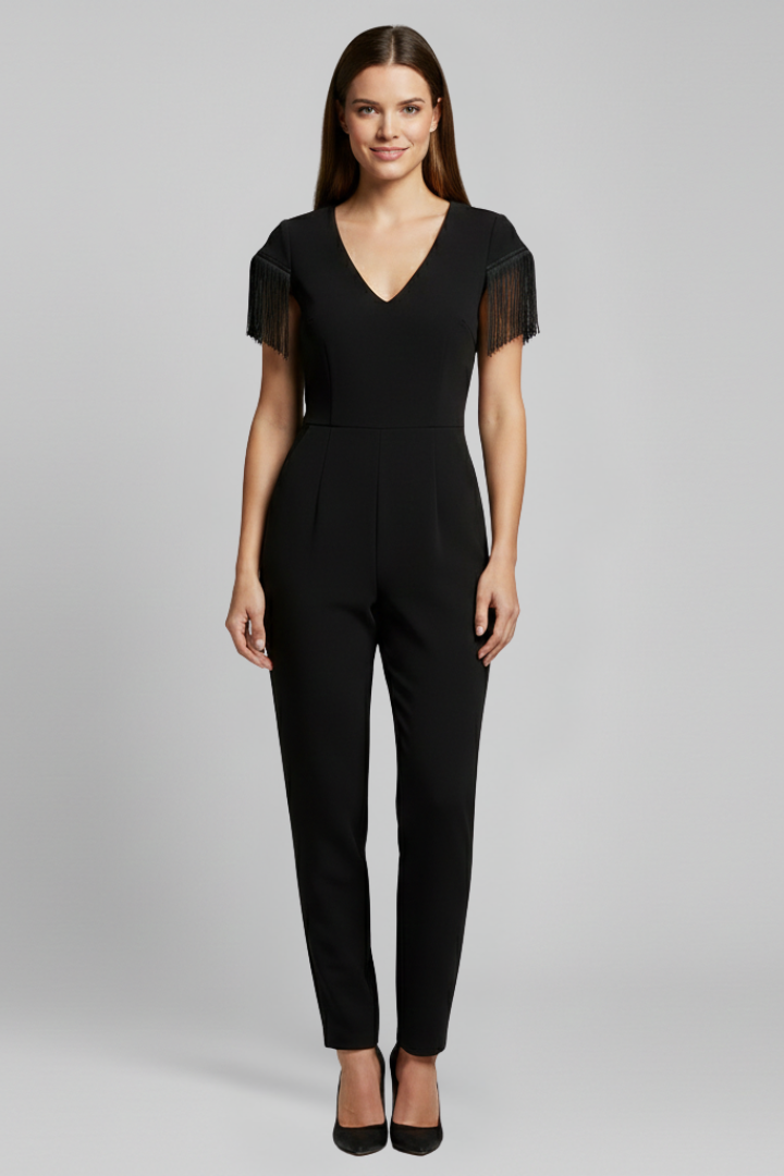 Sleeveless V Neck Jumpsuit with Fringe Shoulder Detail