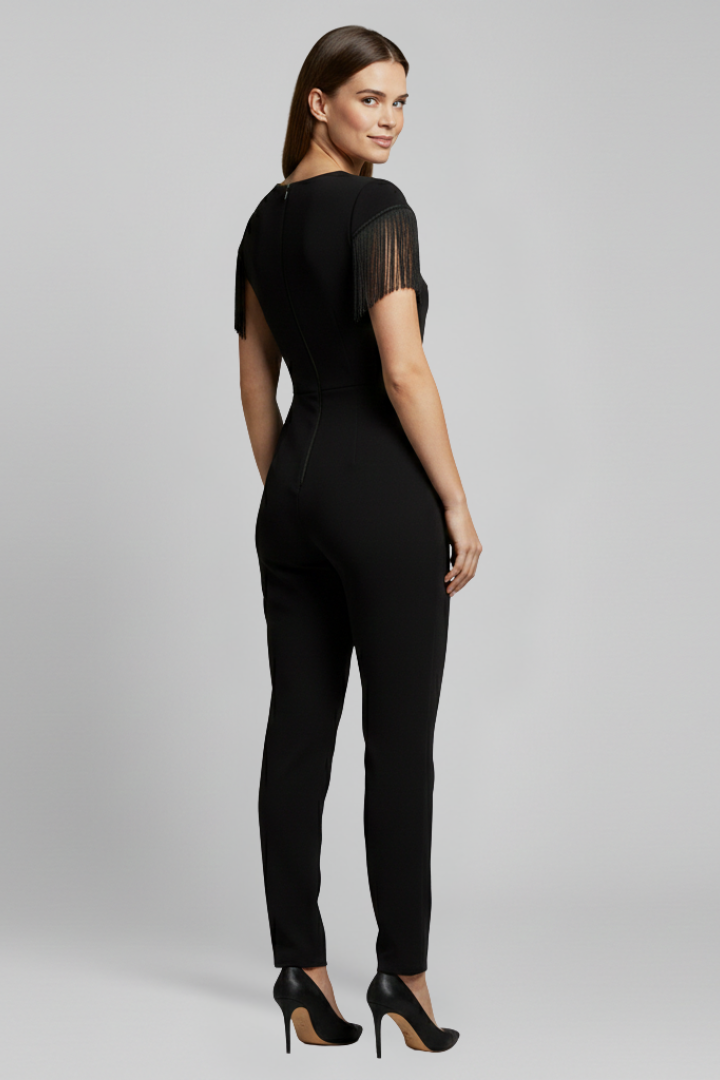 Sleeveless V Neck Jumpsuit with Fringe Shoulder Detail