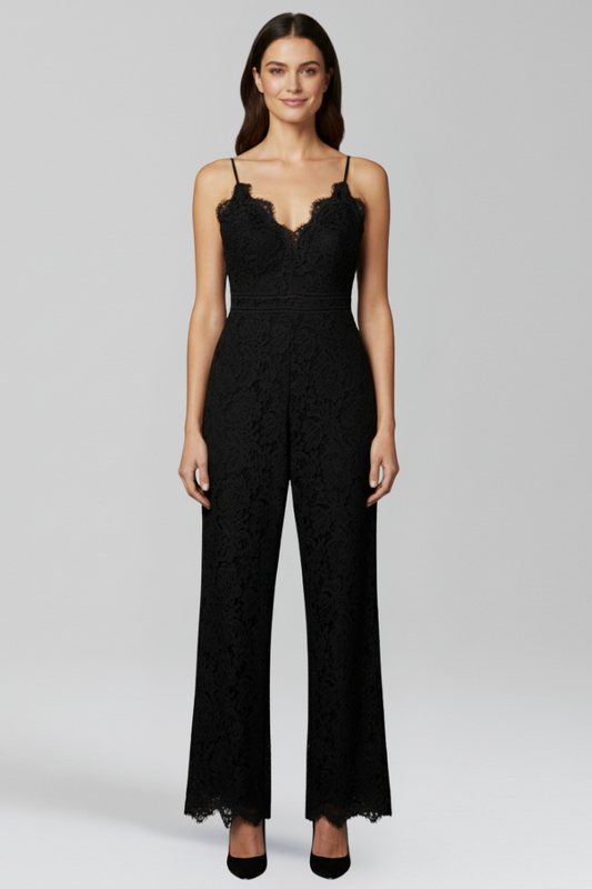 Sleeveless V Neck Jumpsuit with Lace Surface Detailing