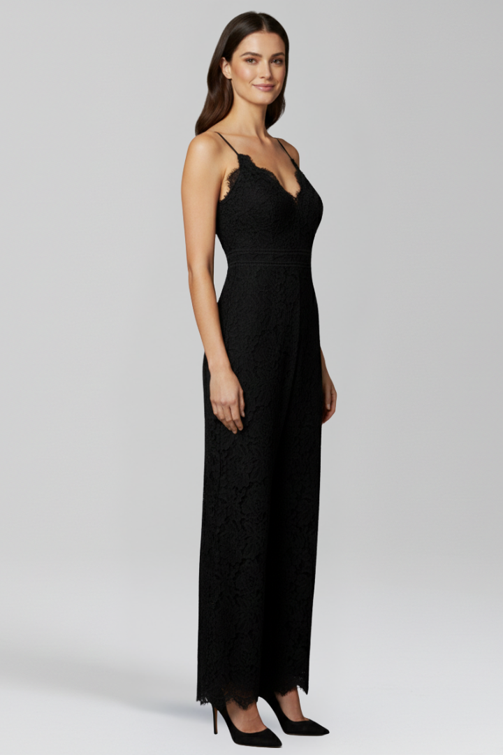 Sleeveless V Neck Jumpsuit with Lace Surface Detailing