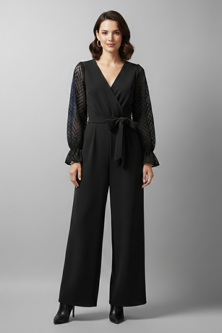 V-Neck Wrap Jumpsuit with Long Semi-Sheer Sleeves