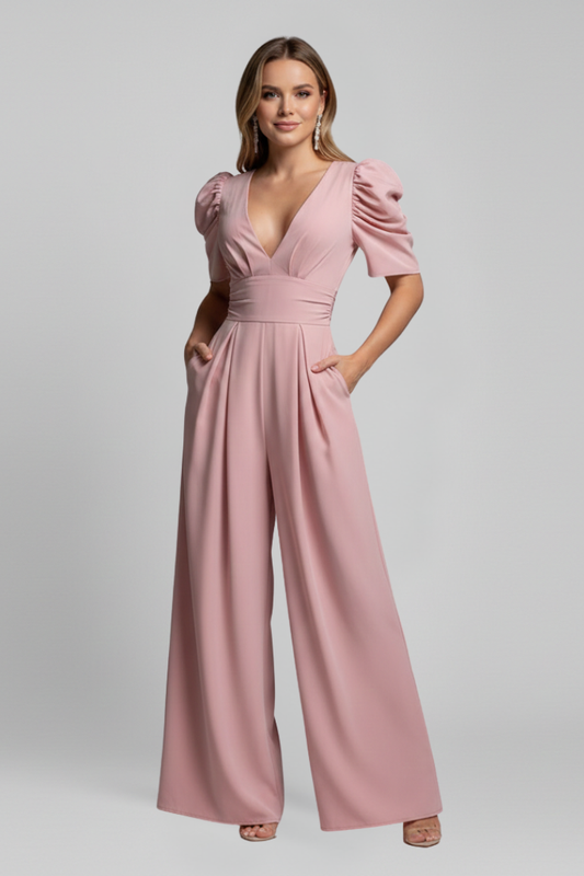 Wide Leg Jumpsuit with V Neckline and Puff Sleeves