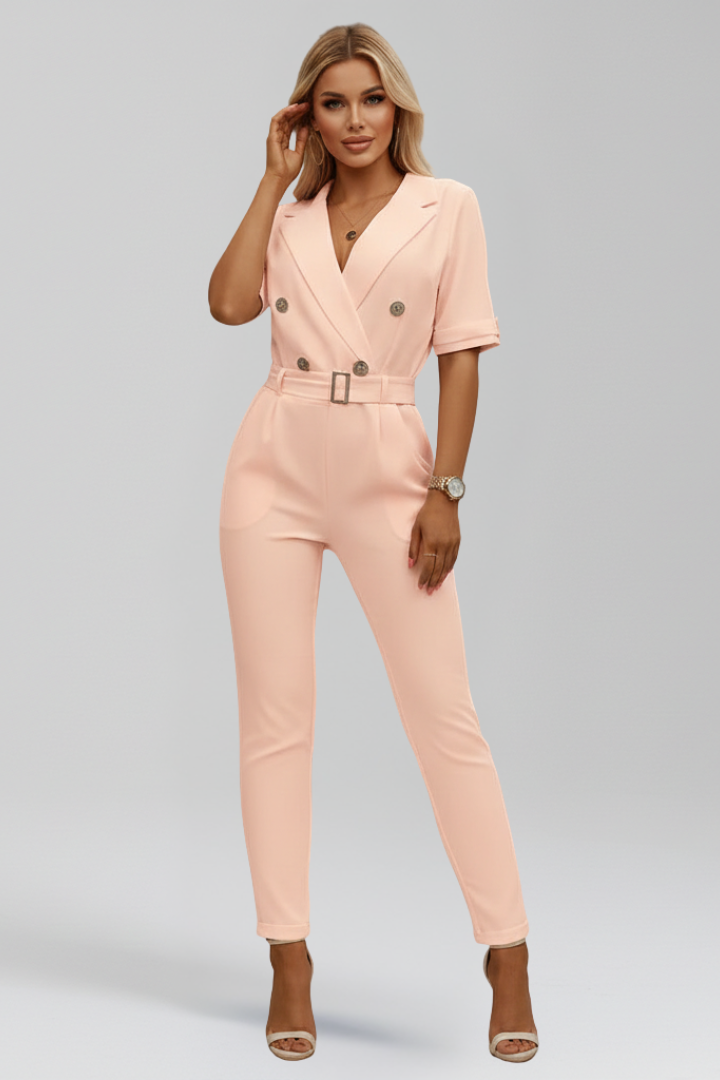 V Neck Jumpsuit with Short Sleeves Tied Waist and Button Detail