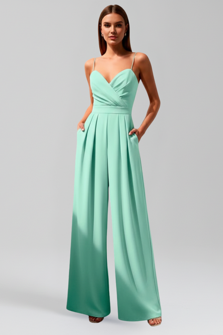 Women’s Sleeveless V Neck Jumpsuit with Wide Full-Length Legs