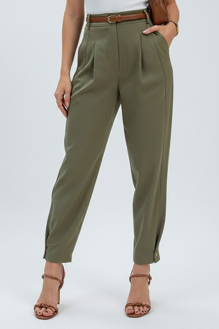 High Rise Tapered Pants with Belt and Front Pleats
