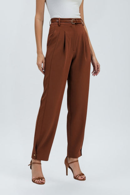 High Rise Tapered Pants with Belt and Front Pleats