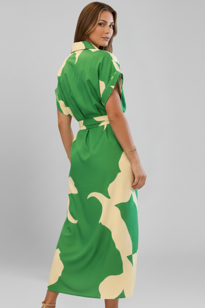 Women’s Button Front Shirt Dress with Waist Tie and Short Sleeves
