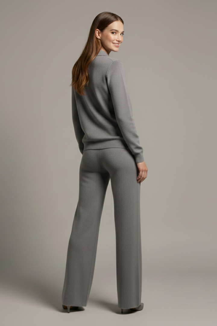 Polo Collar Two Piece Womens Set with Wide Leg Pants