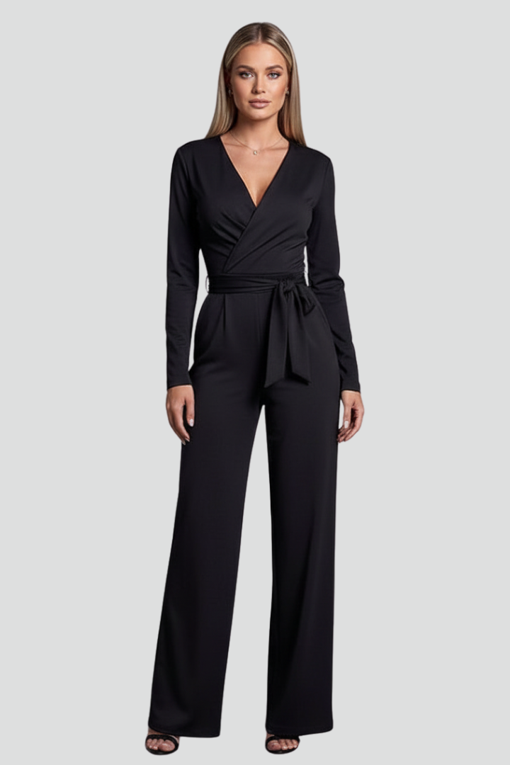 V Neck Wrap Jumpsuit with Tie Waist and Wide Leg Fit