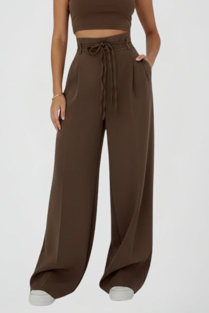 High Rise Wide Leg Trousers with Adjustable Waist Tie