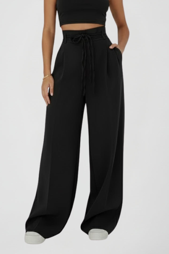 High Rise Wide Leg Trousers with Adjustable Waist Tie