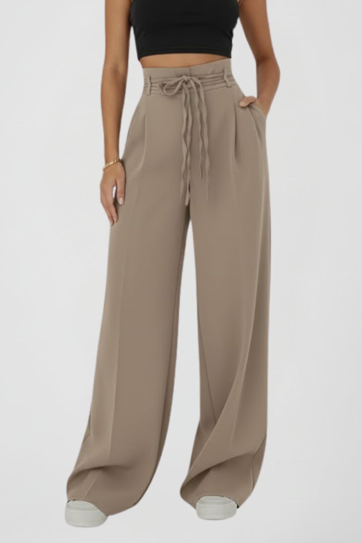 High Rise Wide Leg Trousers with Adjustable Waist Tie
