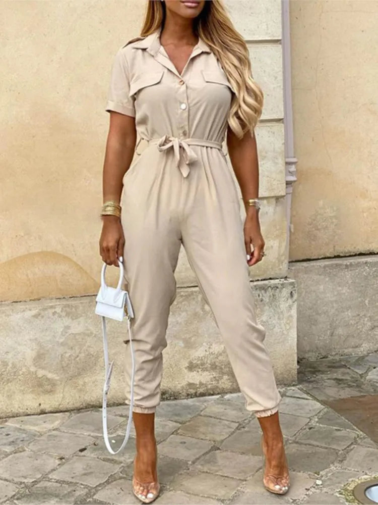 Women's Collared Tie Waist Jumpsuit With Pockets