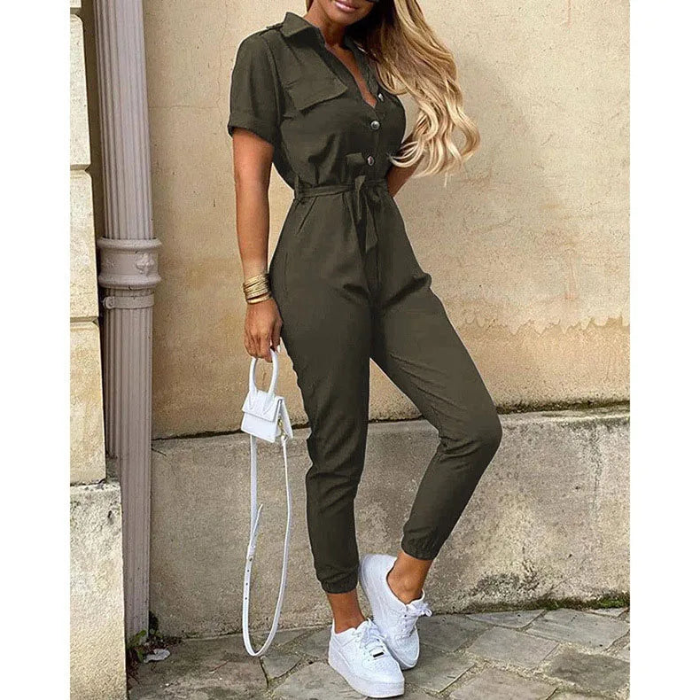 Women's Collared Tie Waist Jumpsuit With Pockets