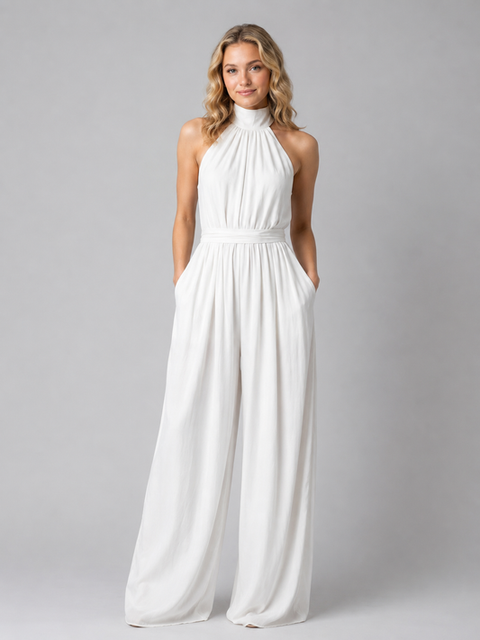 Women's Halter Neck Wide Leg Jumpsuit With Waistband
