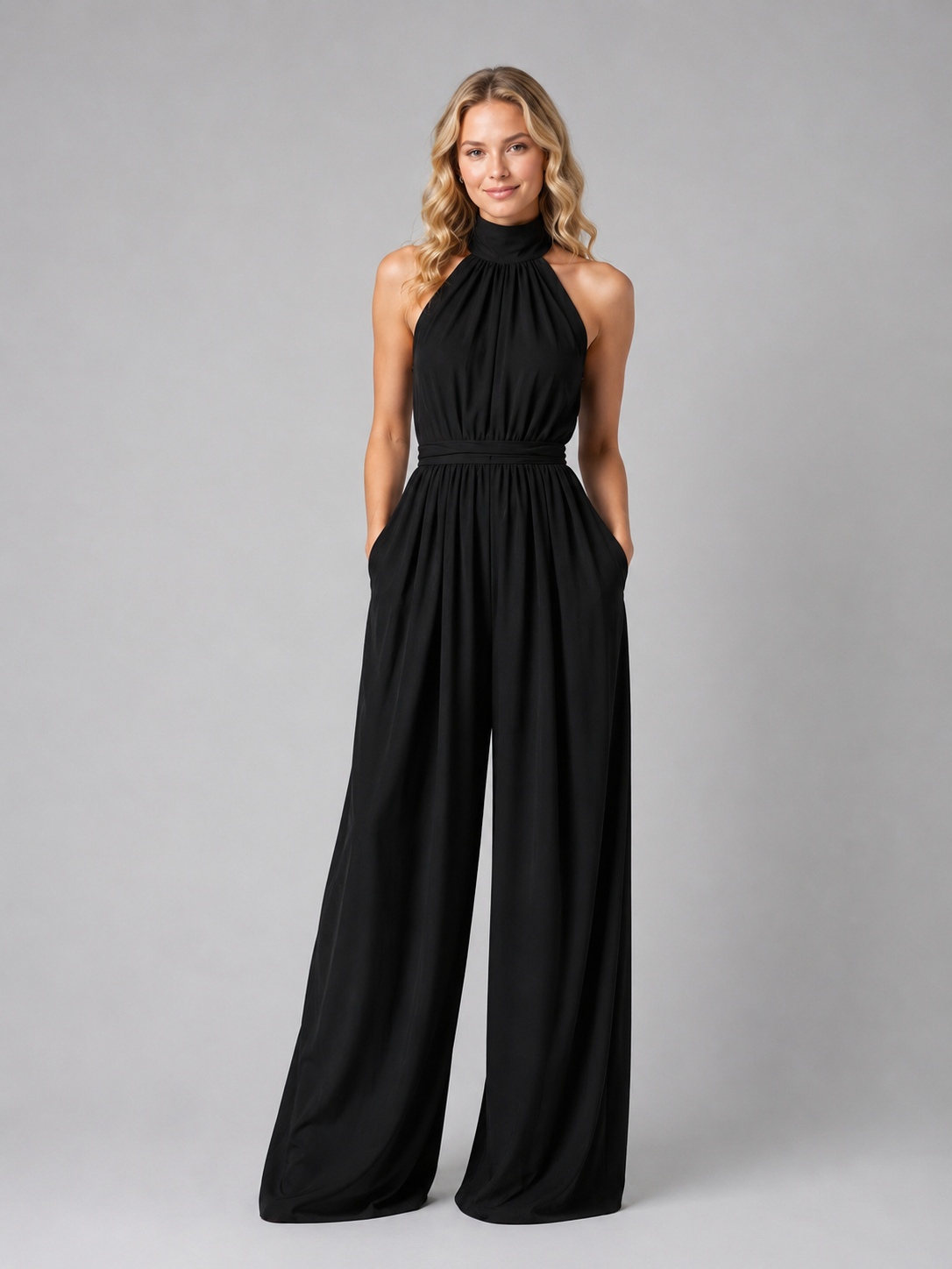 Women's Halter Neck Wide Leg Jumpsuit With Waistband