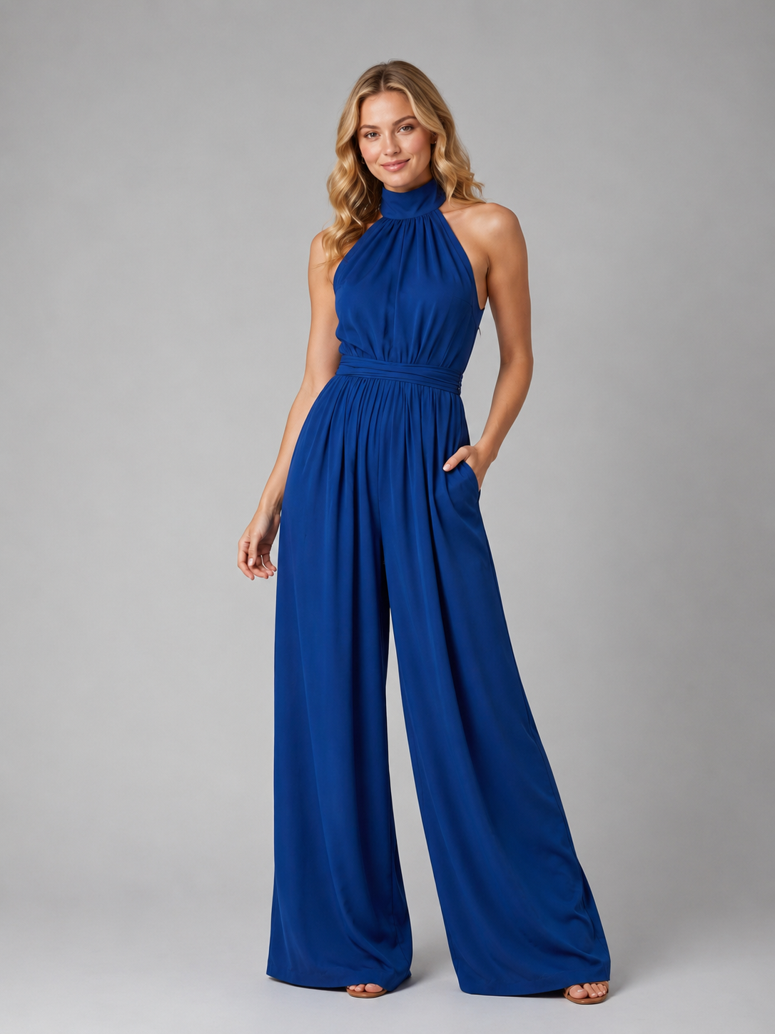 Women's Halter Neck Wide Leg Jumpsuit With Waistband