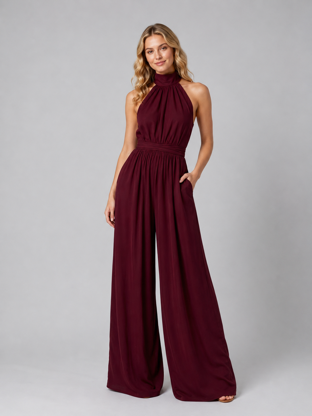 Women's Halter Neck Wide Leg Jumpsuit With Waistband