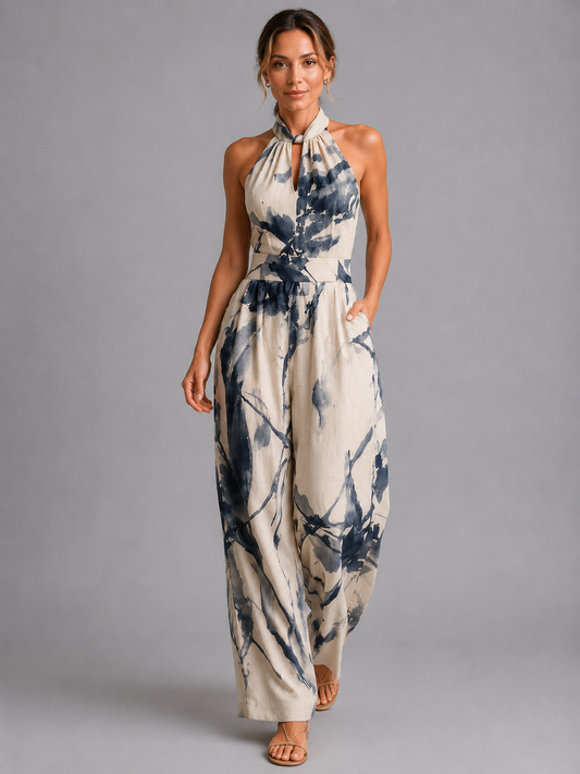 Women's Printed Halter Neck Wide Leg Jumpsuit With Pockets