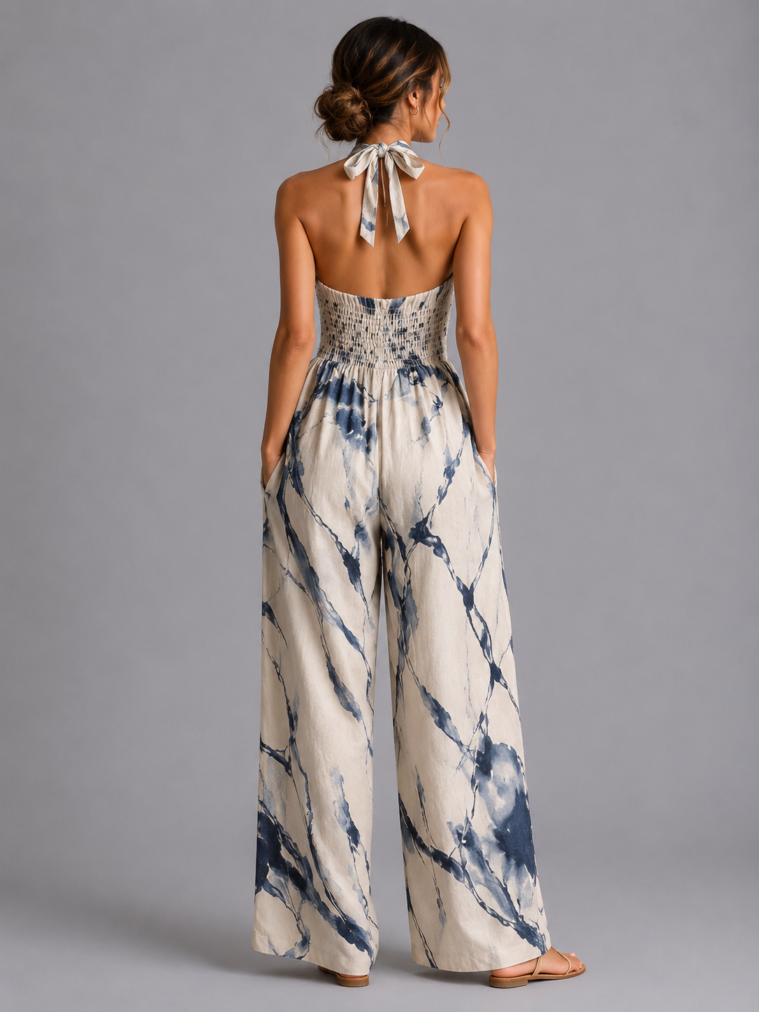 Women's Printed Halter Neck Wide Leg Jumpsuit With Pockets