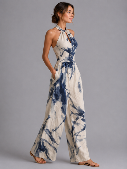 Women's Printed Halter Neck Wide Leg Jumpsuit With Pockets