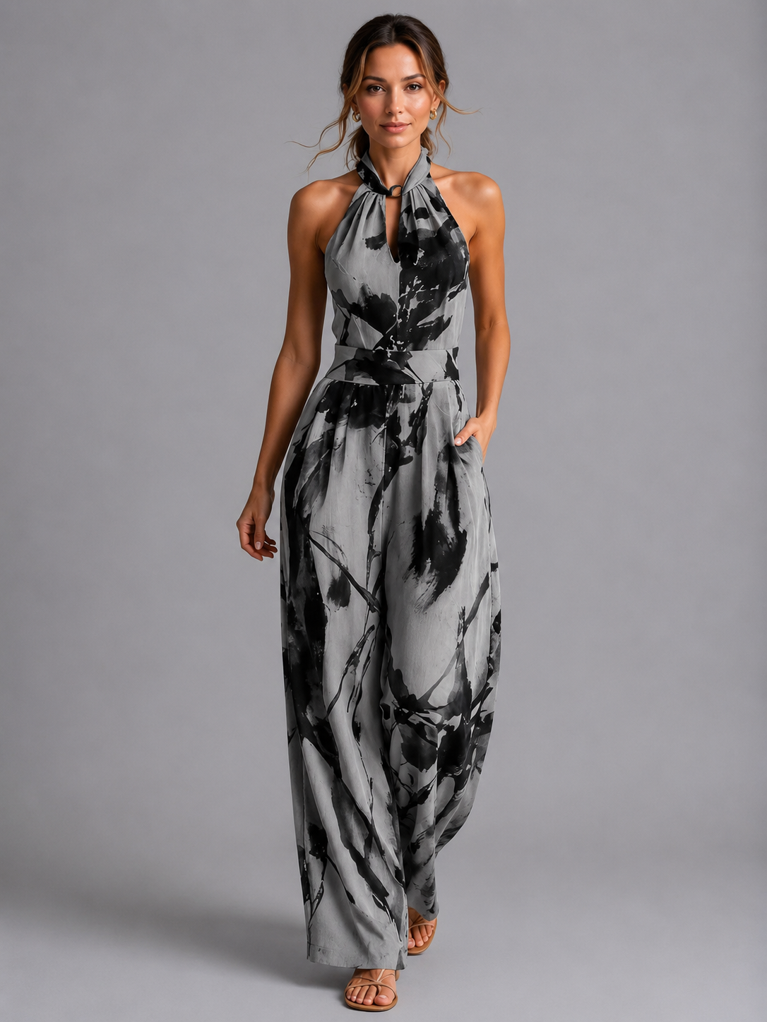 Women's Printed Halter Neck Wide Leg Jumpsuit With Pockets
