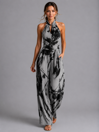Women's Printed Halter Neck Wide Leg Jumpsuit With Pockets