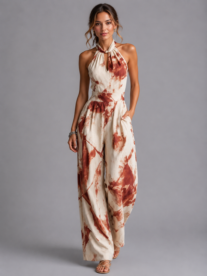 Women's Printed Halter Neck Wide Leg Jumpsuit With Pockets