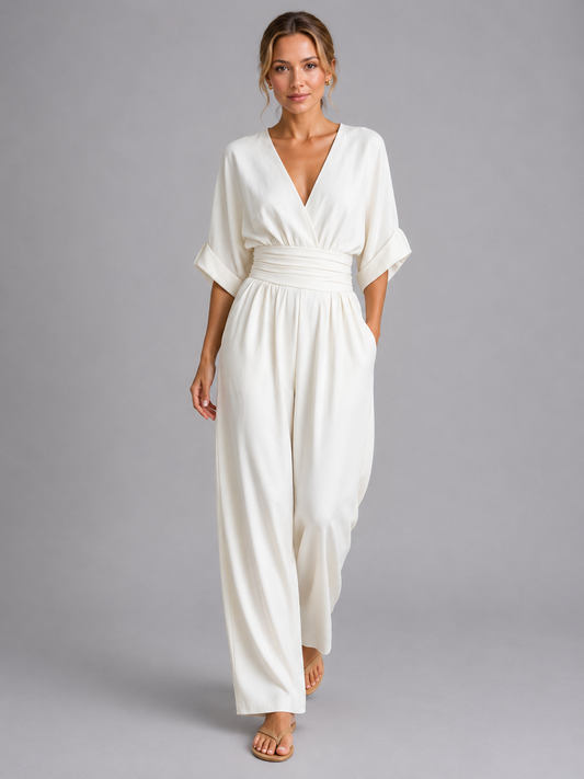 Women's V Neck Wide Leg Jumpsuit With Cinched Waist
