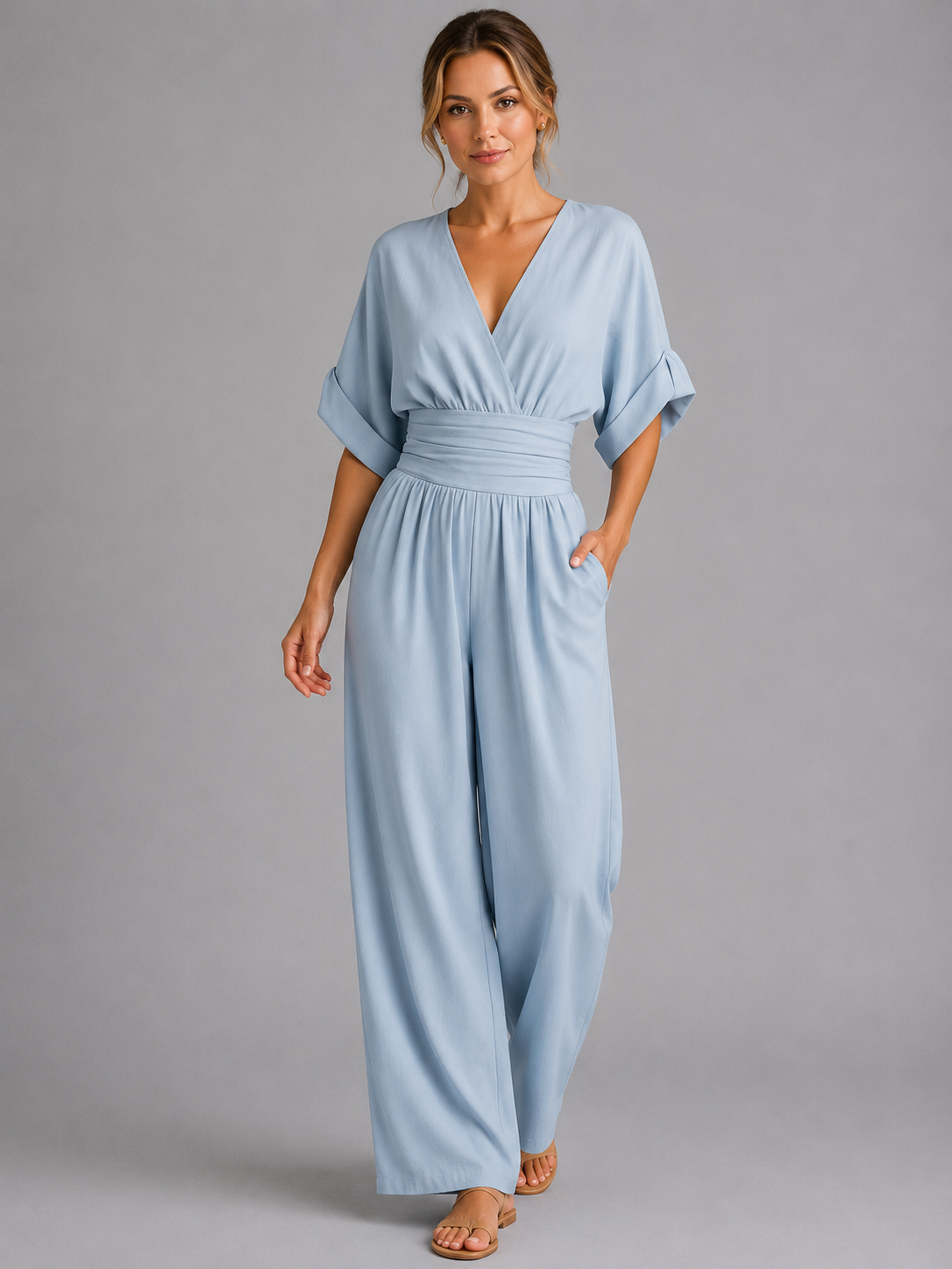 Women's V Neck Wide Leg Jumpsuit With Cinched Waist