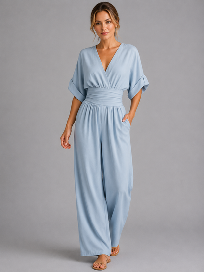 Women's V Neck Wide Leg Jumpsuit With Cinched Waist