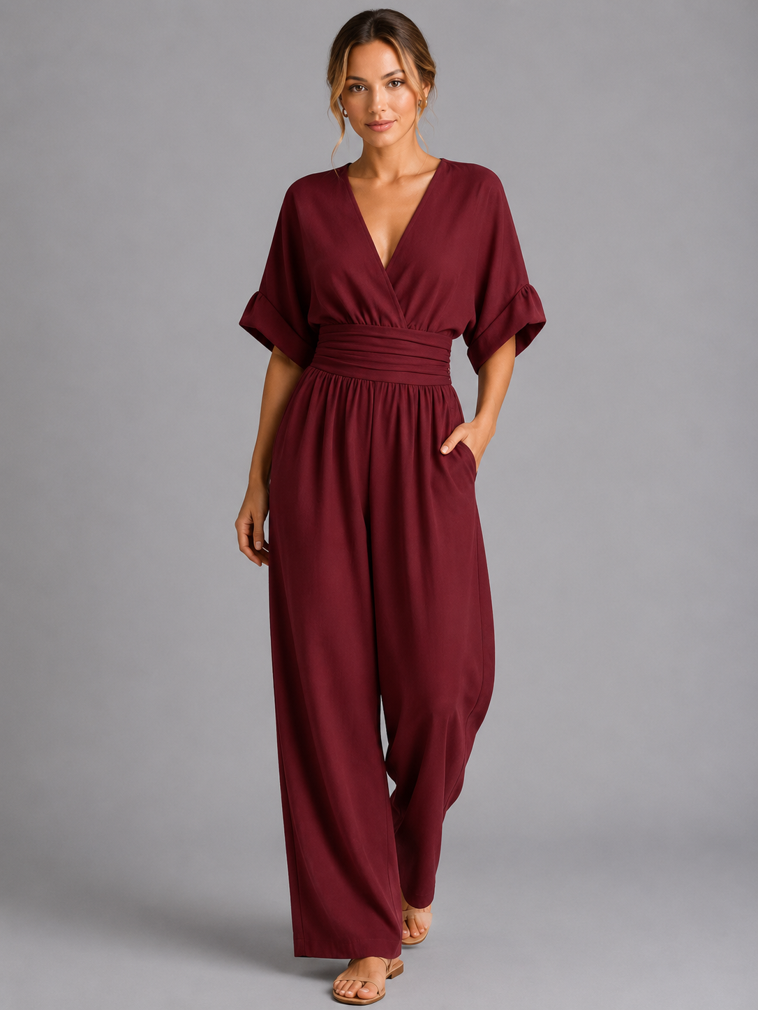 Women's V Neck Wide Leg Jumpsuit With Cinched Waist