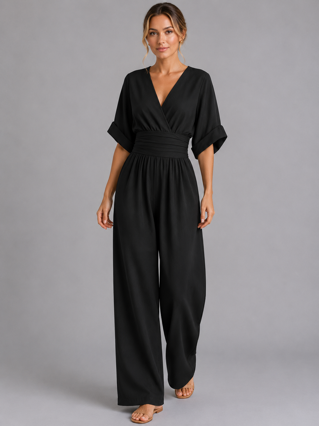 Women's V Neck Wide Leg Jumpsuit With Cinched Waist