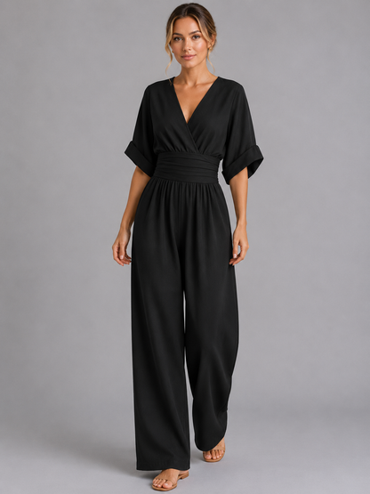 Women's V Neck Wide Leg Jumpsuit With Cinched Waist