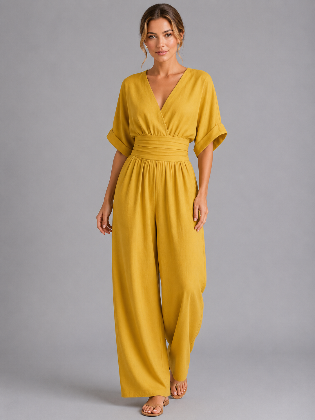 Women's V Neck Wide Leg Jumpsuit With Cinched Waist