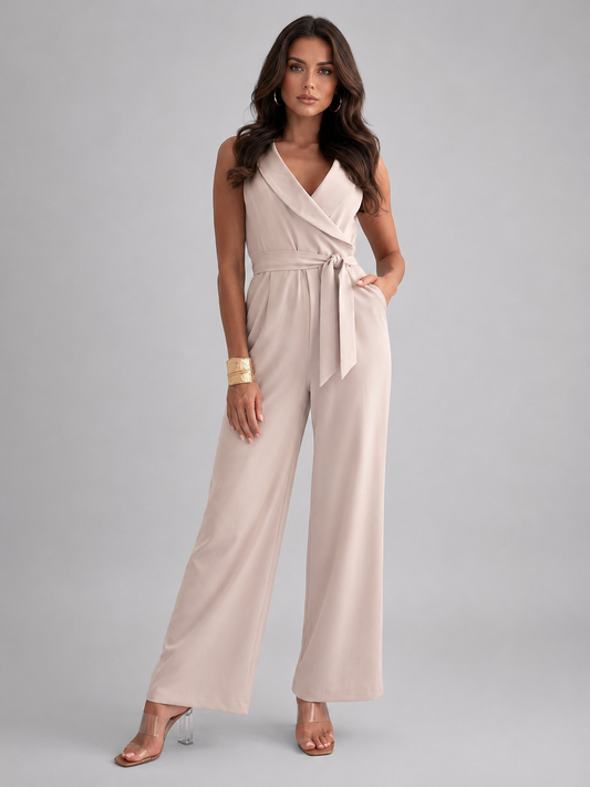Women's Sleeveless V Neck Wide Leg Jumpsuit With Tie Waist