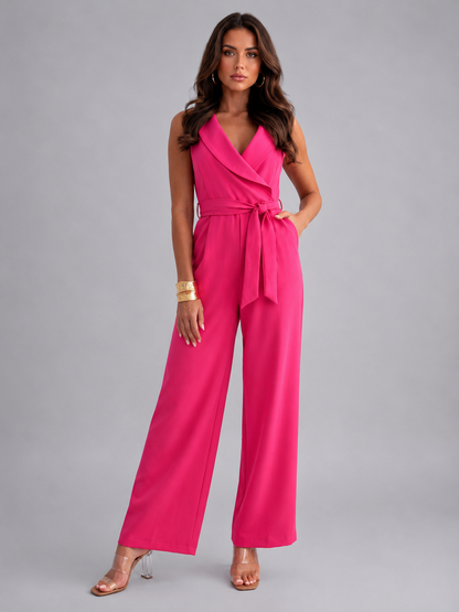 Women's Sleeveless V Neck Wide Leg Jumpsuit With Tie Waist